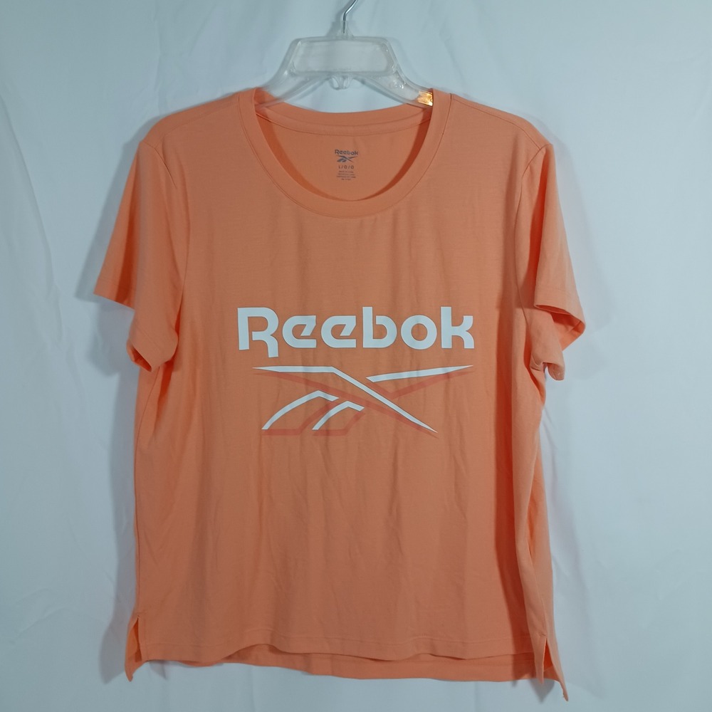 Reebok Graphic Logo T-Shirt Womens Large Peach Excellent Short Sleeve Stretch